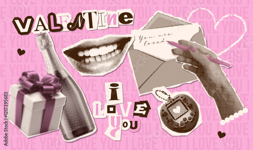 Retro elements of the Valentine's Day collage in grunge and glamour style with vintage halftone texture. Vector torn out paper stickers of hand writing love letter, lips, gift and champagne.