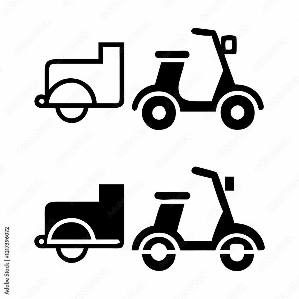 Simple, black and white graphic of a scooter towing a trailer, suitable for representing delivery services, cargo transport, or urban transportation. Simple, black and white graphic of a scooter towing a trailer, suitable for representing delivery services, cargo transport, or urban transportation.