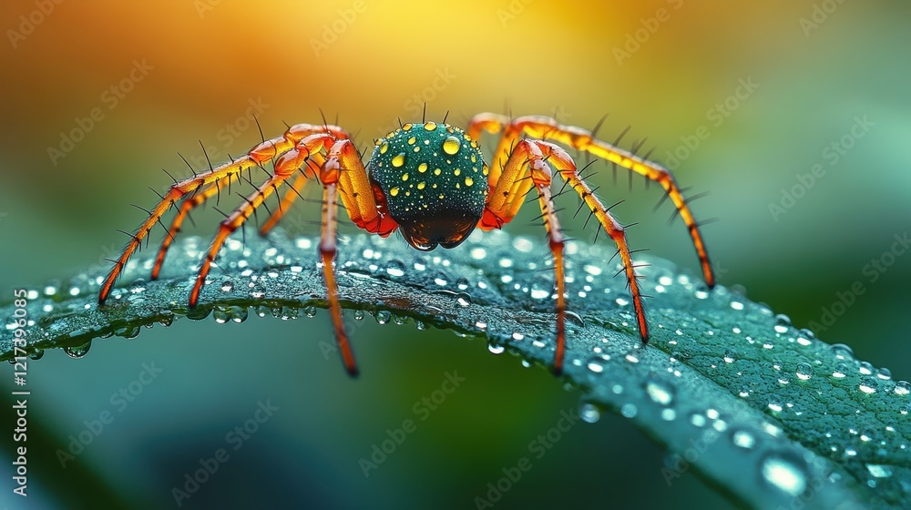 Fototapeta premium A close-up of a colorful spider on a dew-covered leaf.