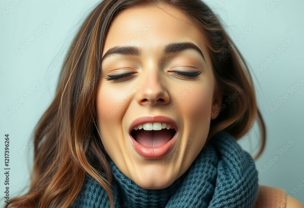 Relaxed woman yawning with calm expression Relaxed woman yawning with calm expression