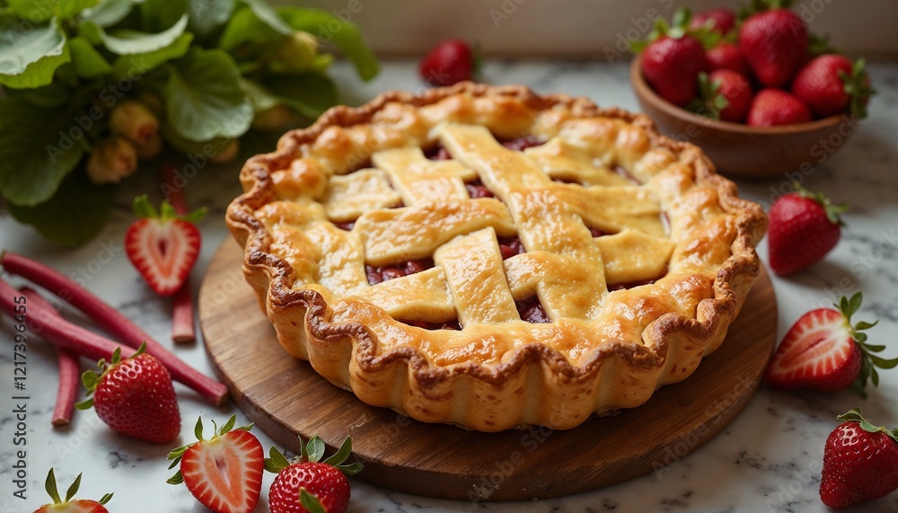 Freshly baked strawberry rhubarb pie with lattice crust on wooden board surrounded by fresh strawberries and rhubarb Freshly baked strawberry rhubarb pie with lattice crust on wooden board surrounded by fresh strawberries and rhubarb
