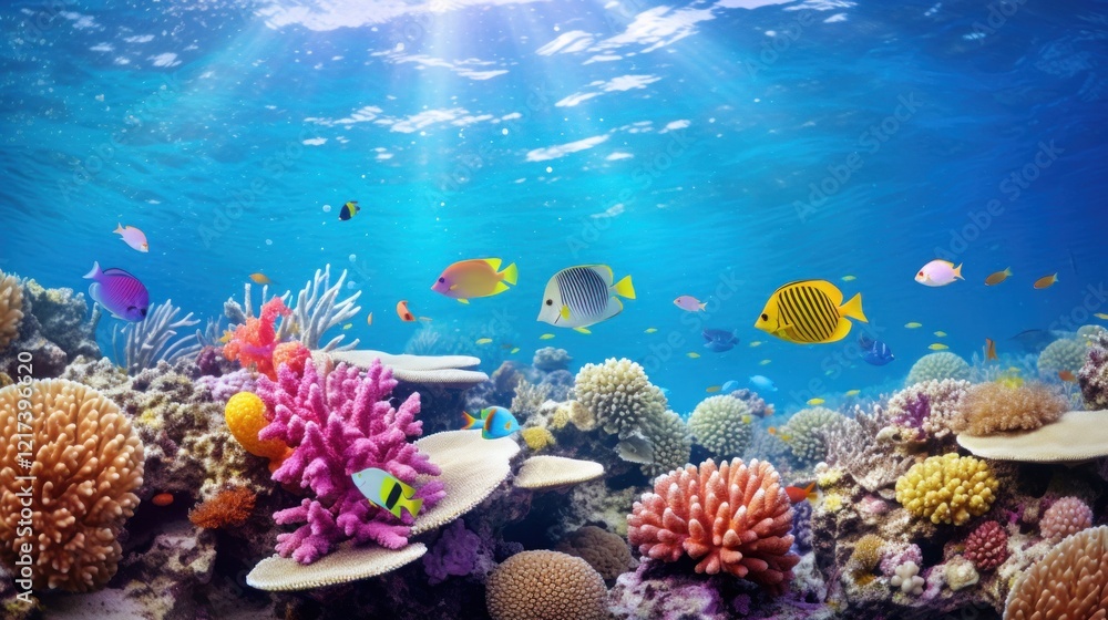 Fototapeta premium Underwater Scene with Colorful Coral Reefs and Tropical Fish Swimming in Crystal Clear Ocean Waters Near the Ocean Surface Under Sunlight