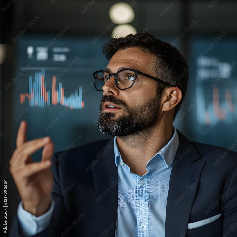 A financial advisor explaining a market forecast, with charts and graphs floating in the air around him.
A financial advisor explaining a market forecast, with charts and graphs floating in the air around him.