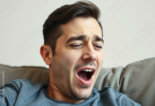 Male person yawning on a couch photo