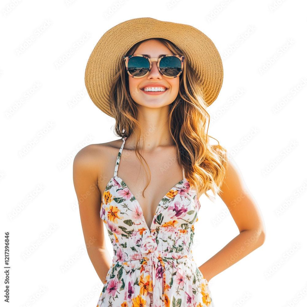 Portrait of a confident woman in a summer dress, beach hat, and sunglasses,isolated on a transparent background Portrait of a confident woman in a summer dress, beach hat, and sunglasses,isolated on a transparent background