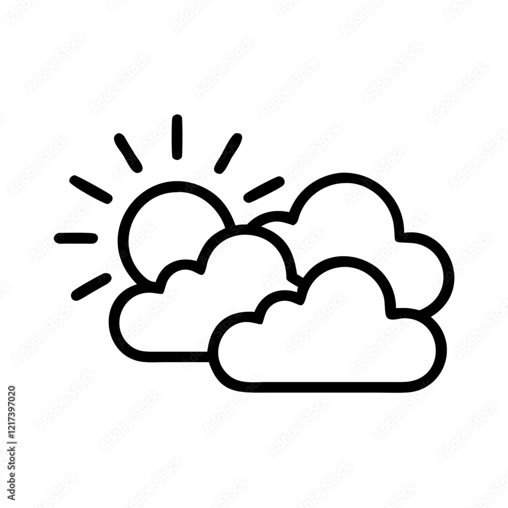 Sun and clouds in simple black line art style Sun and clouds in simple black line art style