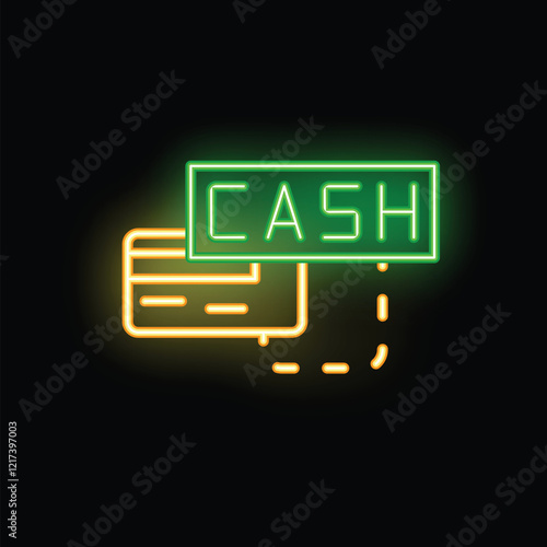 Bright neon sign showing a credit card converting to cash with a dashed line