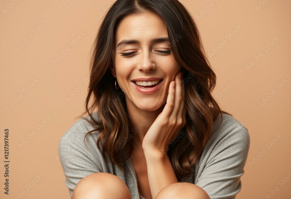 Woman yawning with a subtle smile, gazing slightly downward Woman yawning with a subtle smile, gazing slightly downward