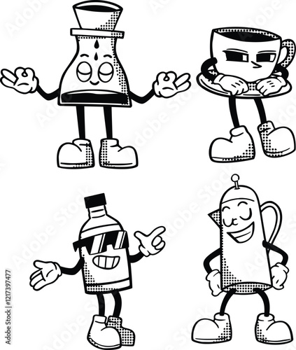 A collection of retro mascot illustrations showcasing coffee shop tools and equipment, featuring moka pots, coffee mugs, drippers, and takeaway cups