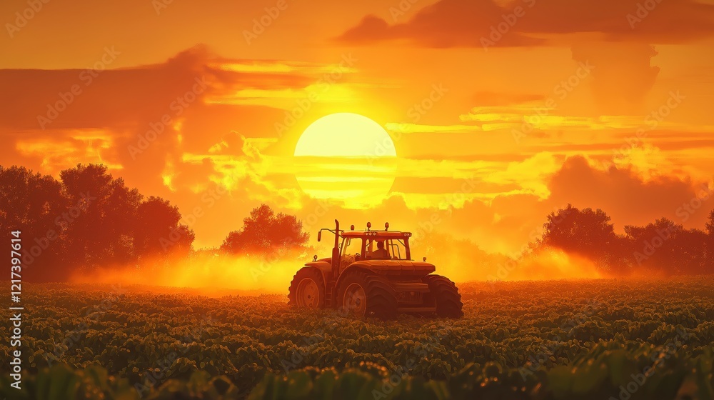 Fototapeta premium A tractor is driving through a field of crops as the sun sets in the background