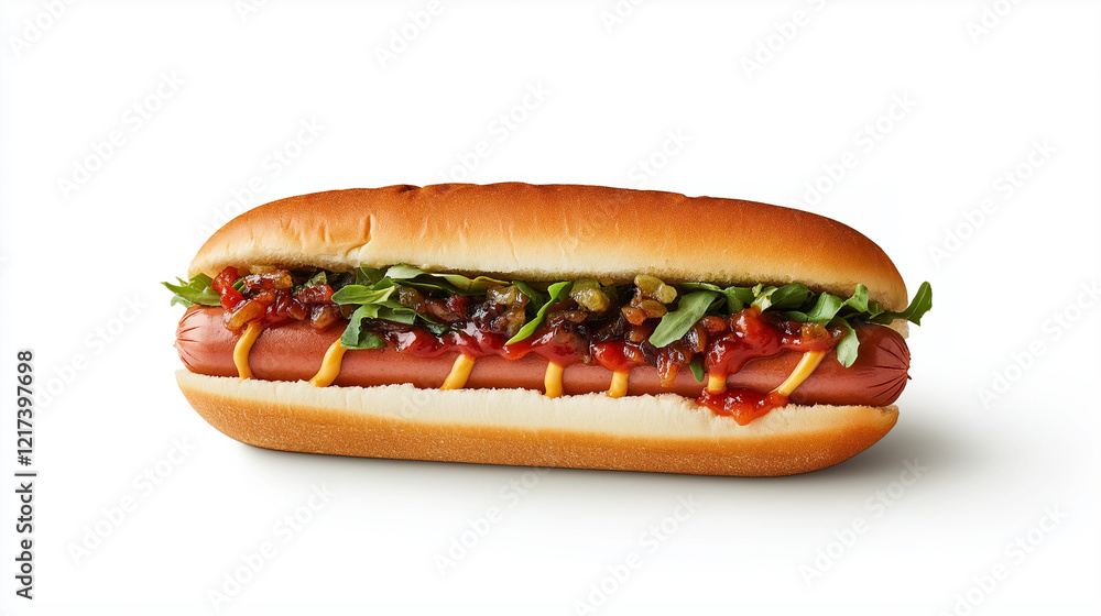 A classic hot dog with a perfect combination of mustard, ketchup, and relish in a soft bun, elegantly styled on a white background that complements the colorful condiments and soft A classic hot dog with a perfect combination of mustard, ketchup, and relish in a soft bun, elegantly styled on a white background that complements the colorful condiments and soft