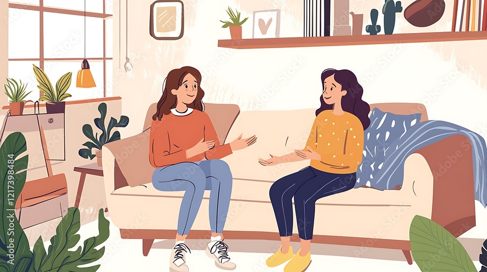 Fototapeta premium Two women are sitting on a couch in a living room