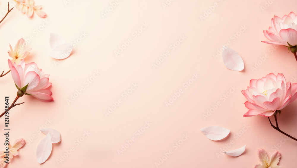 Soft pink 3d flowers and petals scattered on a delicate peach background.Holiday card with space for text Soft pink 3d flowers and petals scattered on a delicate peach background.Holiday card with space for text
