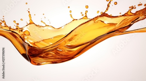Splash of Golden Liquid Captured in Motion, Showcasing Dynamic Movement and Textural Detail of Water Droplets and Fluidity Against a Light Background