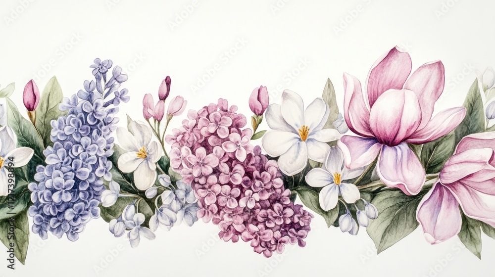 Obraz premium Watercolor floral border with lilac, magnolia, and apple blossoms.