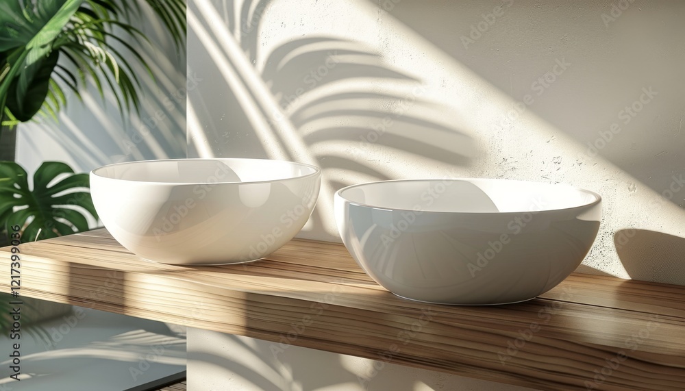 Two elegant white basin sit on a wooden shelf, illuminated by soft sunlight, with decorative shadows from nearby plants in bathroom. Two elegant white basin sit on a wooden shelf, illuminated by soft sunlight, with decorative shadows from nearby plants in bathroom.