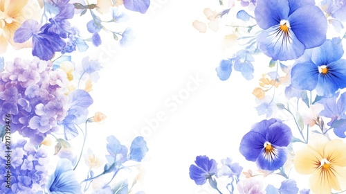 Watercolor floral border with blue pansies and hydrangeas.