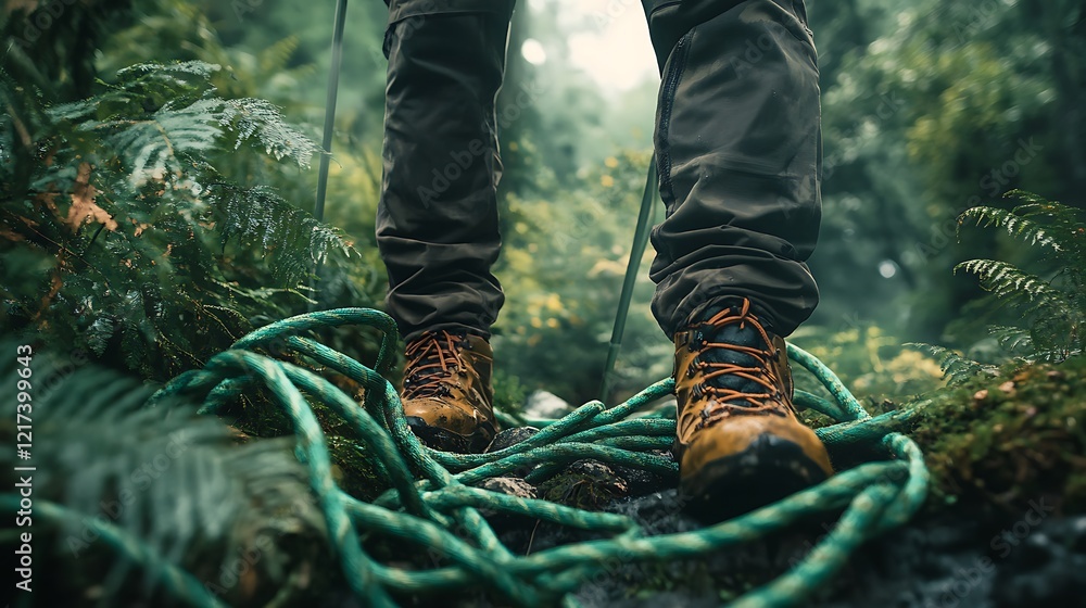 Close up of a climber's legs with a rope on a rock Close up of a climber's legs with a rope on a rock