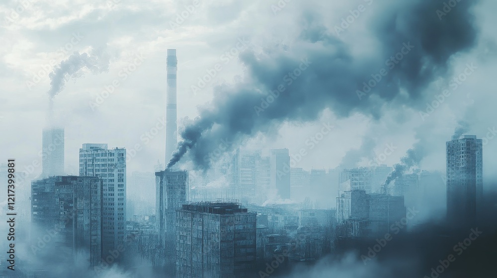 Abstract artistic swirl of PM2.5 particles integrating into urban life imagery, combining human and industrial elements. Abstract artistic swirl of PM2.5 particles integrating into urban life imagery, combining human and industrial elements.