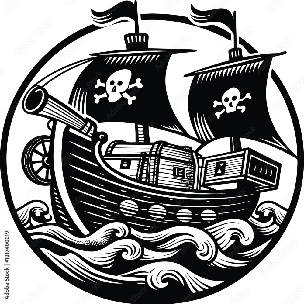 Fototapeta premium Pirate Ship Adventure A detailed pirate ship sailing through waves with skull flags, cannons, and a treasure chest on deck. Adobe Illustrator Artwork