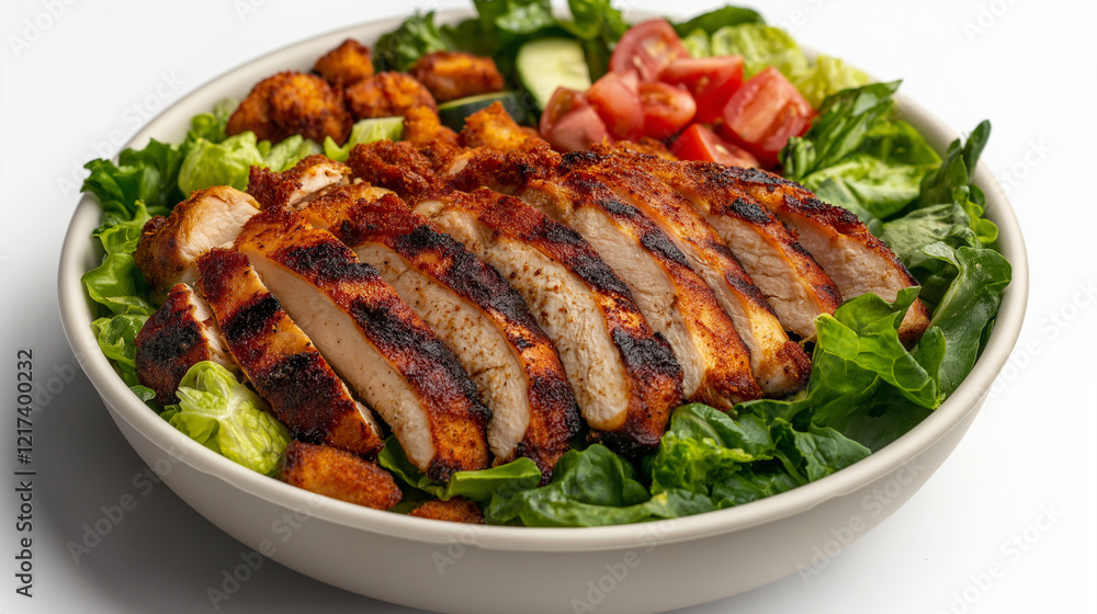 A fresh and colorful fast food salad with grilled chicken, vibrant mixed greens, tomatoes, and crunchy croutons, elegantly displayed in a bowl on a white background. A fresh and colorful fast food salad with grilled chicken, vibrant mixed greens, tomatoes, and crunchy croutons, elegantly displayed in a bowl on a white background.