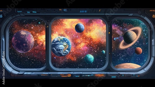 Fototapeta Naklejka Na Ścianę i Meble -  Vibrant View of Celestial Bodies and Nebulae from Cosmic Space Station Window