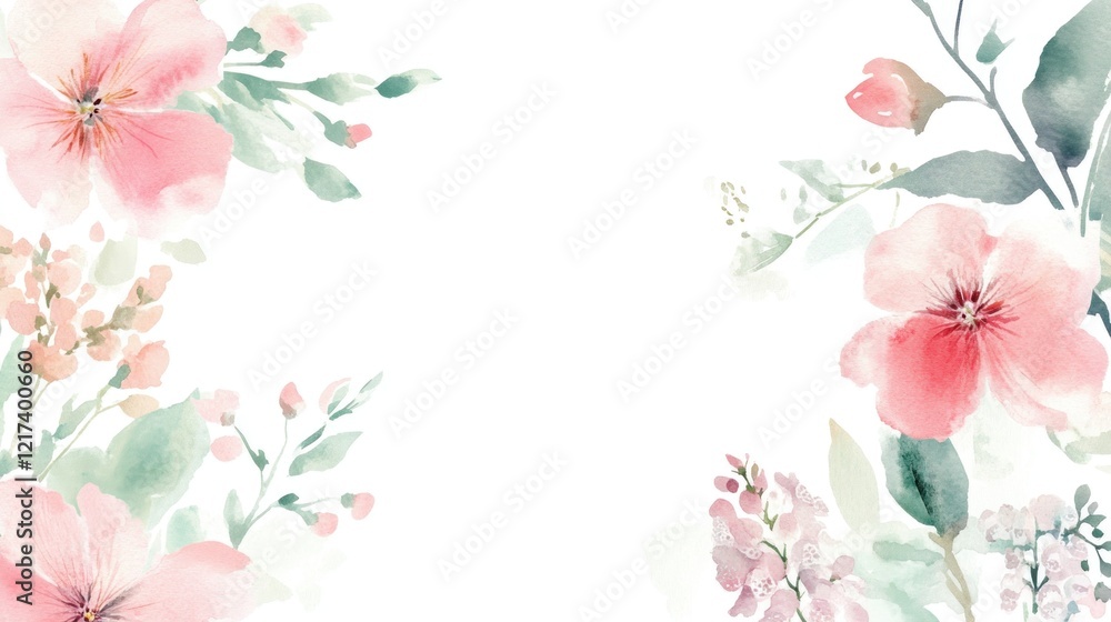 Fototapeta premium Watercolor floral frame with pink and peach flowers, leaves, and buds on white background.