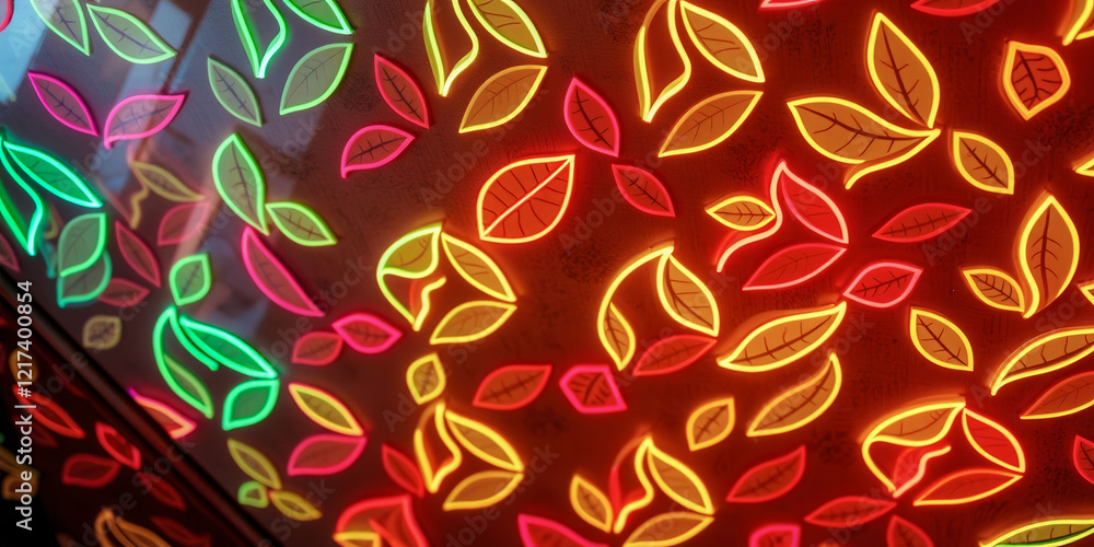 A colorful, neon-lit background with a variety of green and red leaves. The leaves are arranged in a way that creates a sense of movement and energy. Scene is vibrant and lively A colorful, neon-lit background with a variety of green and red leaves. The leaves are arranged in a way that creates a sense of movement and energy. Scene is vibrant and lively