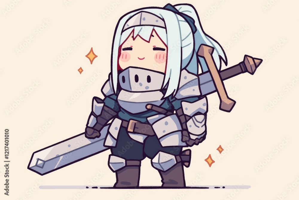 Obraz premium Adorable Chibi Knight Girl With Large Sword