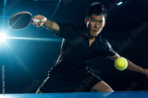 table tennis player's intense dynamic motion, racket perfectly angled, kinetic energy  photo