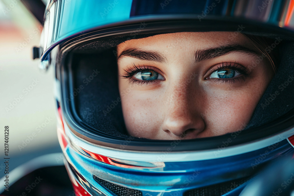 Intense portrait of a focused car racer in a helmet showcasing determination and speed, generative AI Intense portrait of a focused car racer in a helmet showcasing determination and speed, generative AI