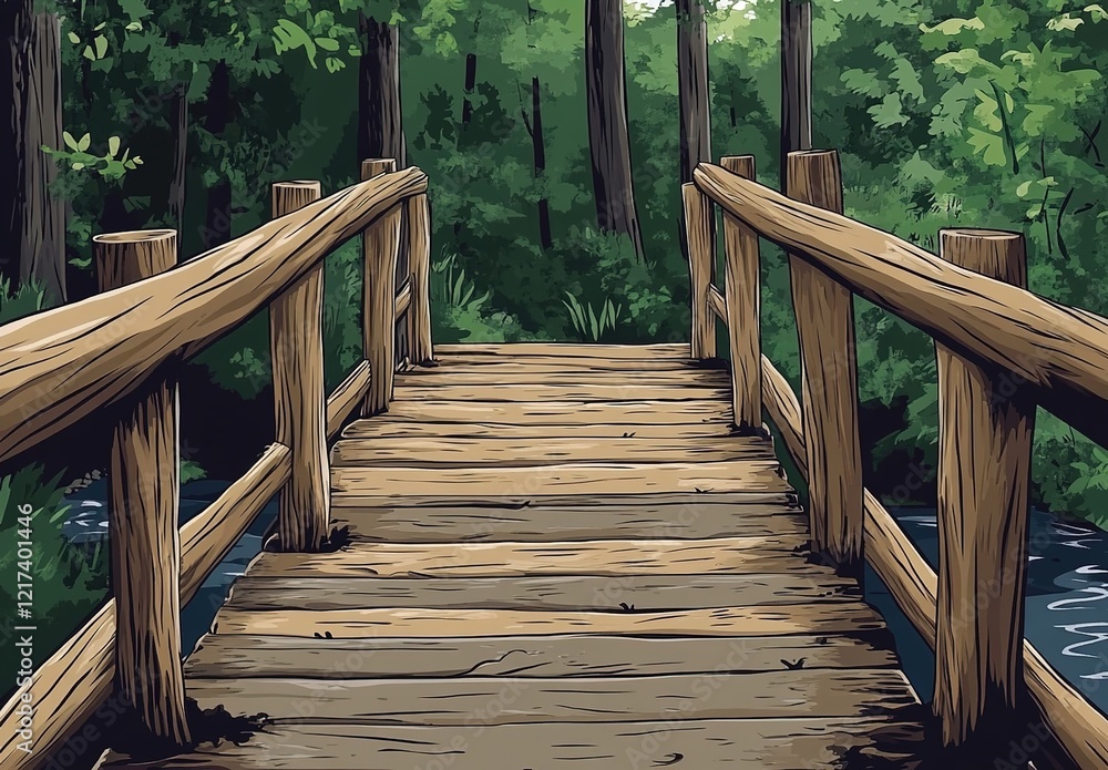 Fototapeta premium A wooden bridge over the forest, in the style of a cartoon-style vector illustration with a flat design