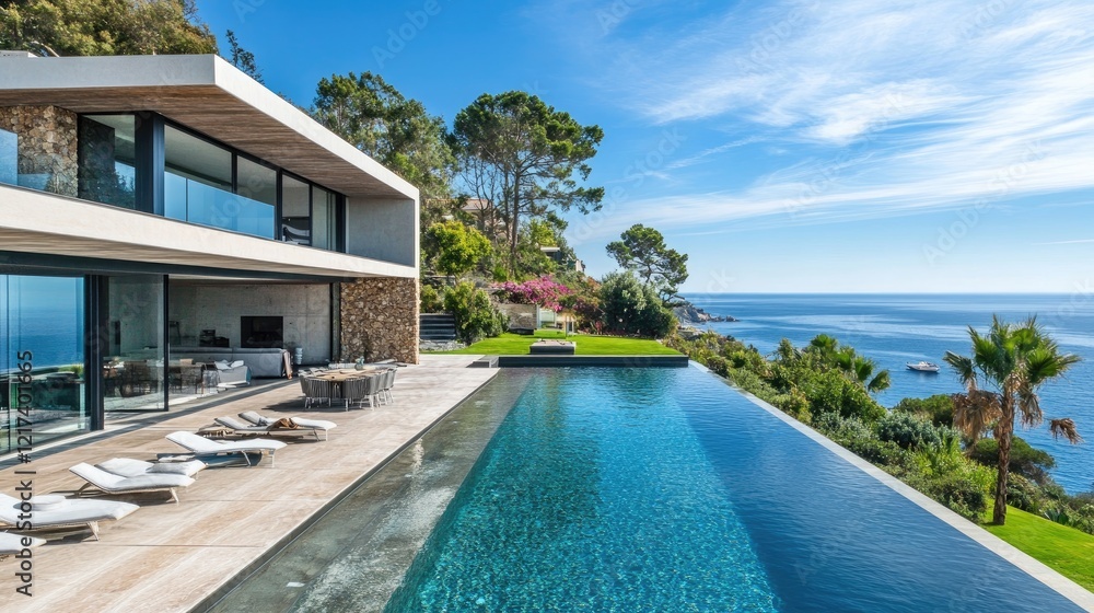 Fototapeta premium Luxury Cliffside Villa with Infinity Pool and Ocean View