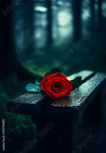 on an old wooden bench lies a brightly coloured red rose, and brightly coloured red rose petals background, wet rainy forest, at night