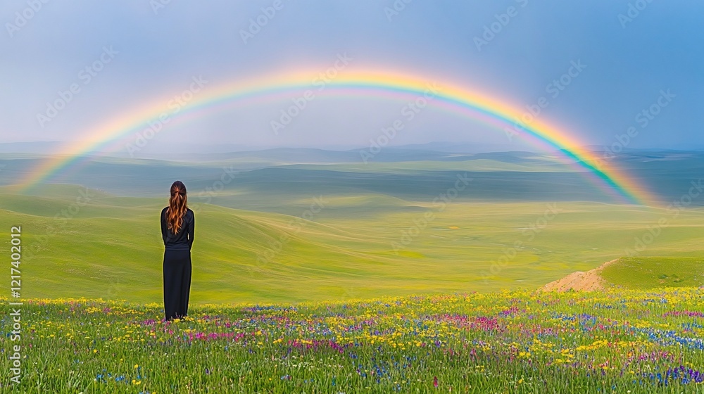 Woman in field, rainbow backdrop, hope, nature Woman in field, rainbow backdrop, hope, nature