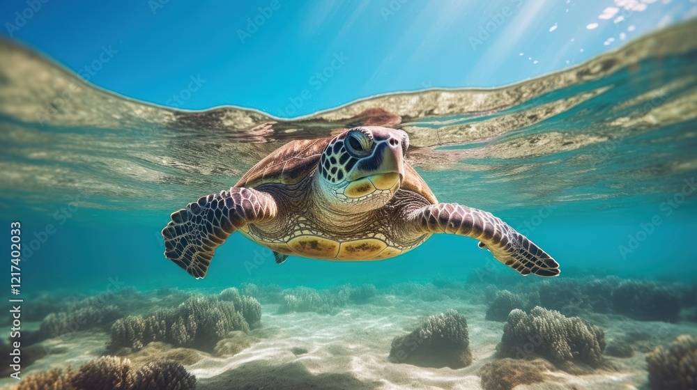 Obraz premium Sea Turtle Gliding Through Crystal Clear Waters Above Vibrant Coral Reef in Majestic Underwater Scene Highlighting Marine Life Beauty and Serene Environment