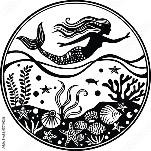 Underwater Mermaid Scene
 A mystical line art of a mermaid swimming in the ocean surrounded by coral and marine life.
Adobe Illustrator Artwork