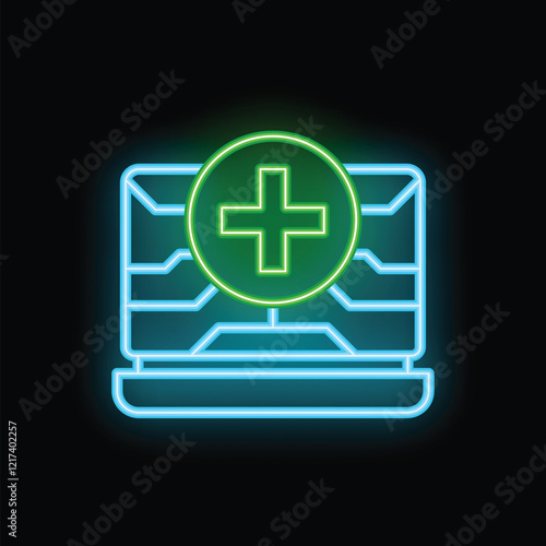 Glowing neon icon of a laptop showing a green cross sign, representing online medical services, telemedicine and healthcare technology