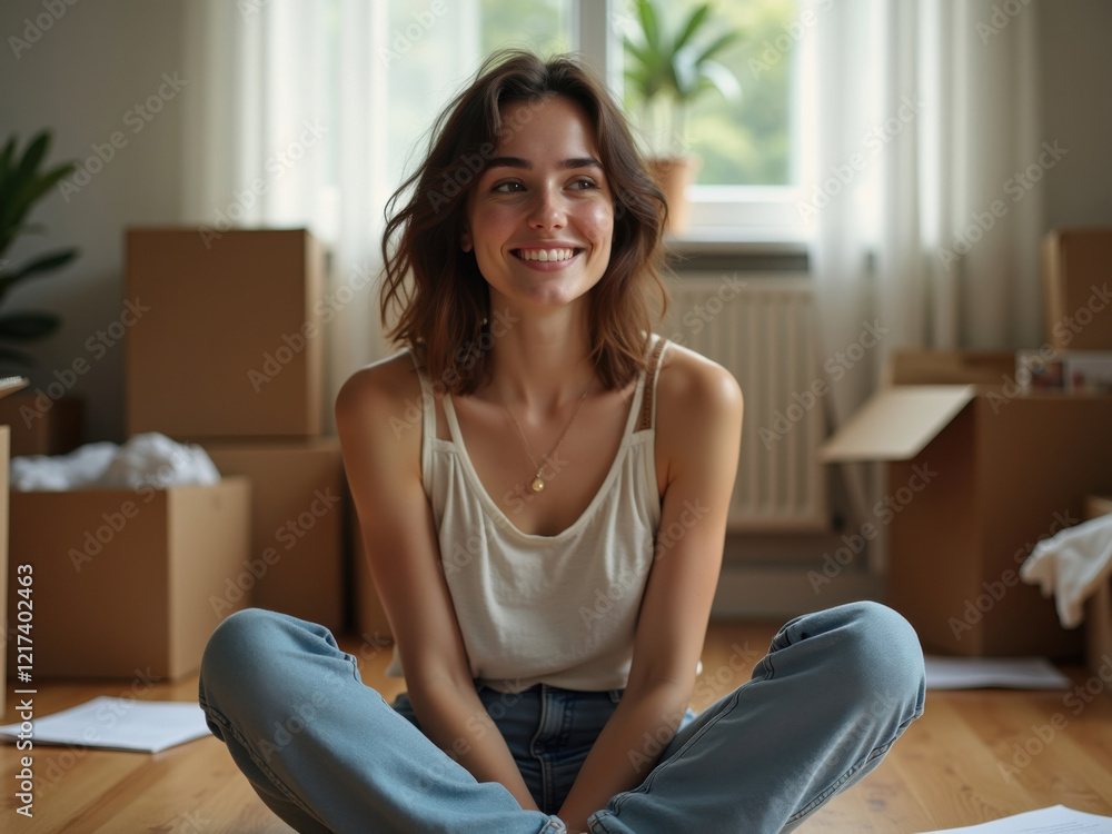 Obraz premium Mujer joven sonriente en su nuevo apartamento 