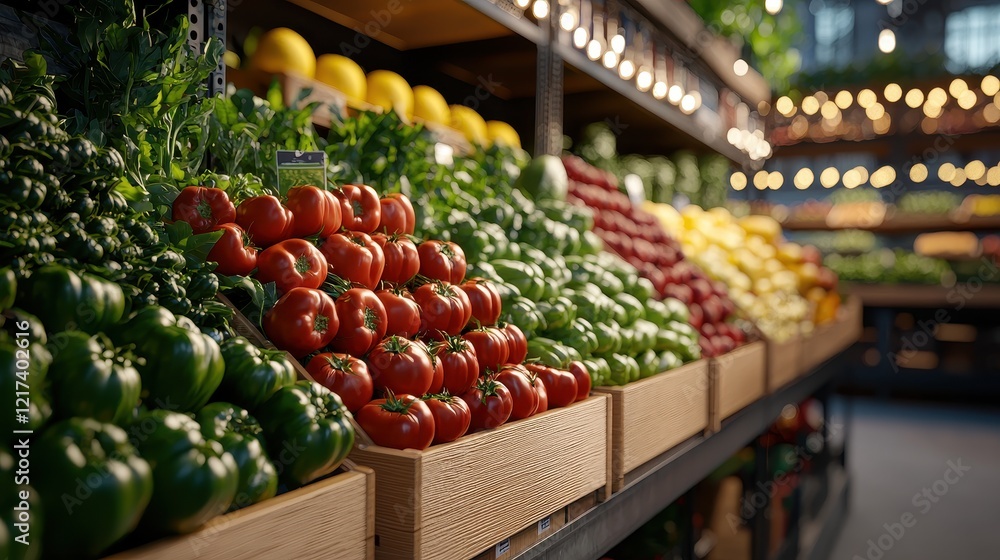Fresh Produce Display in Modern Grocery Store with Colorful Vegetables and Lights Fresh Produce Display in Modern Grocery Store with Colorful Vegetables and Lights