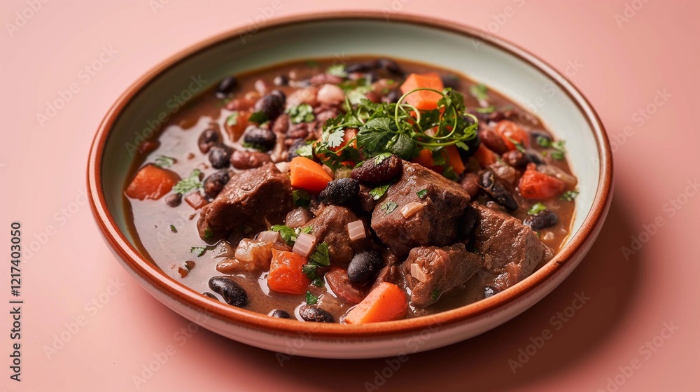 A hearty black bean stew Feijoada with pork and beef on a vibrant pink background A hearty black bean stew Feijoada with pork and beef on a vibrant pink background