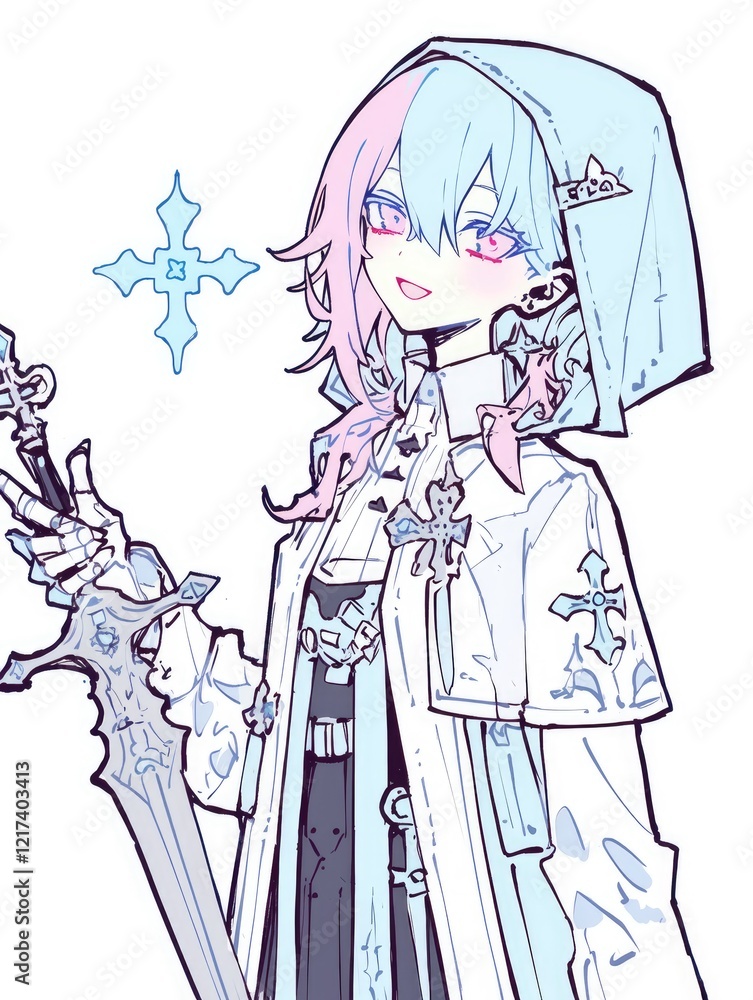 Anime Girl with Dual Toned Hair Holding a Sword Anime Girl with Dual Toned Hair Holding a Sword