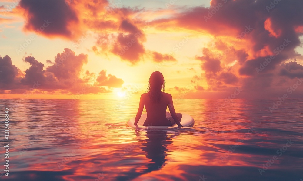 Woman on paddleboard, ocean sunset, peaceful meditation, travel, serenity Woman on paddleboard, ocean sunset, peaceful meditation, travel, serenity