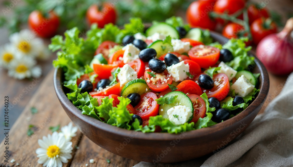 Fresh vegetable salad with tomatoes, olives, cheese, and greens in a wooden bowl at a rustic kitchen table Fresh vegetable salad with tomatoes, olives, cheese, and greens in a wooden bowl at a rustic kitchen table