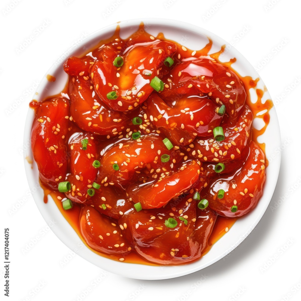A Delicious Serving of Sweet and Sour Chicken in a White Bowl, Garnished with Chopped Green Onions and Sesame Seeds, Perfectly Cooked for a Glistening Presentation A Delicious Serving of Sweet and Sour Chicken in a White Bowl, Garnished with Chopped Green Onions and Sesame Seeds, Perfectly Cooked for a Glistening Presentation