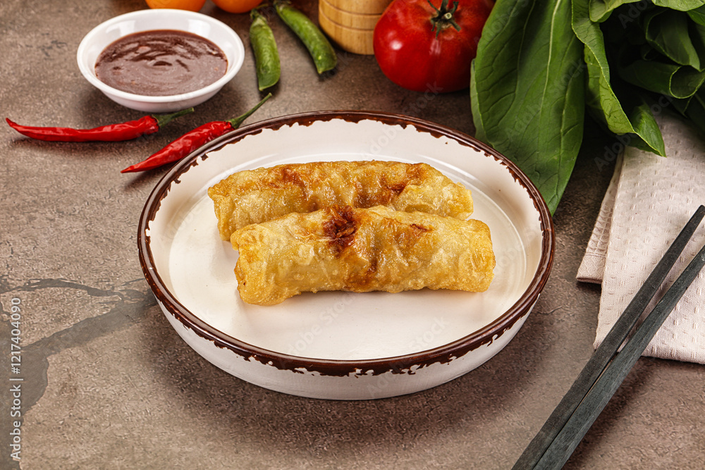 Vietnamese stuffed spring roll served sauce Vietnamese stuffed spring roll served sauce