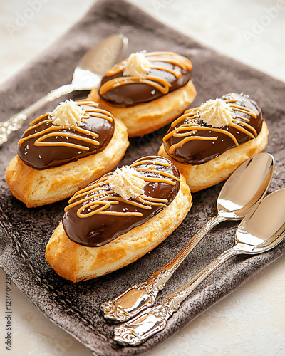  rich chocolate aclairs with caramel swirls and silver spoons photo