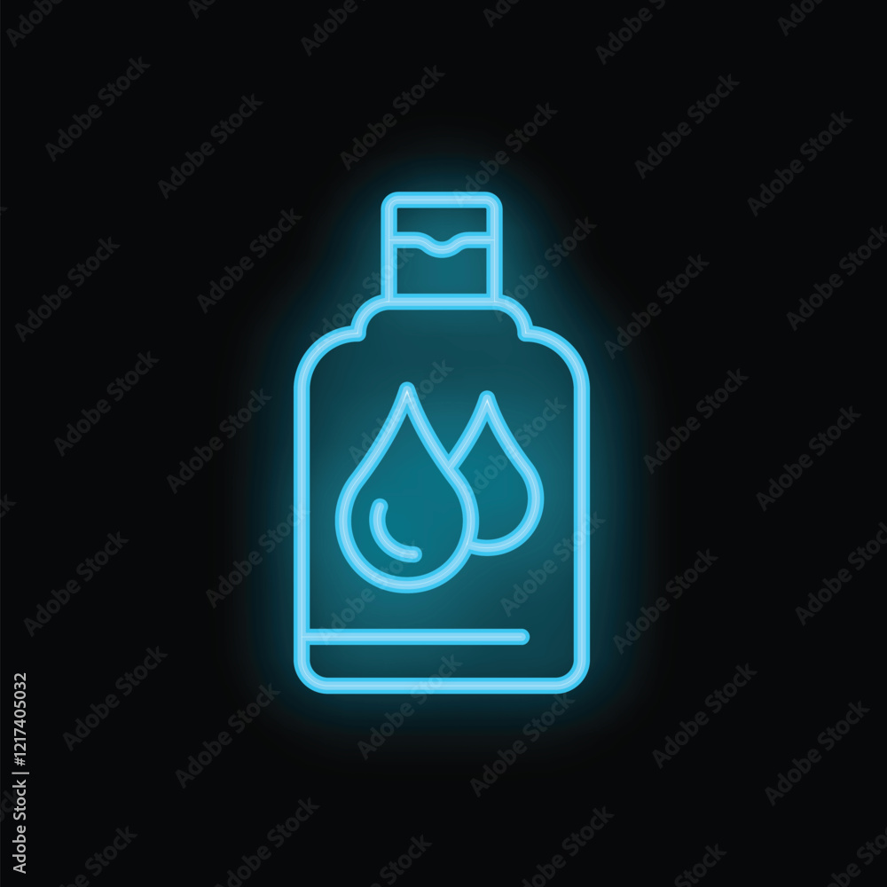Blue glowing neon icon of bottle with liquid cosmetic product on black background Blue glowing neon icon of bottle with liquid cosmetic product on black background