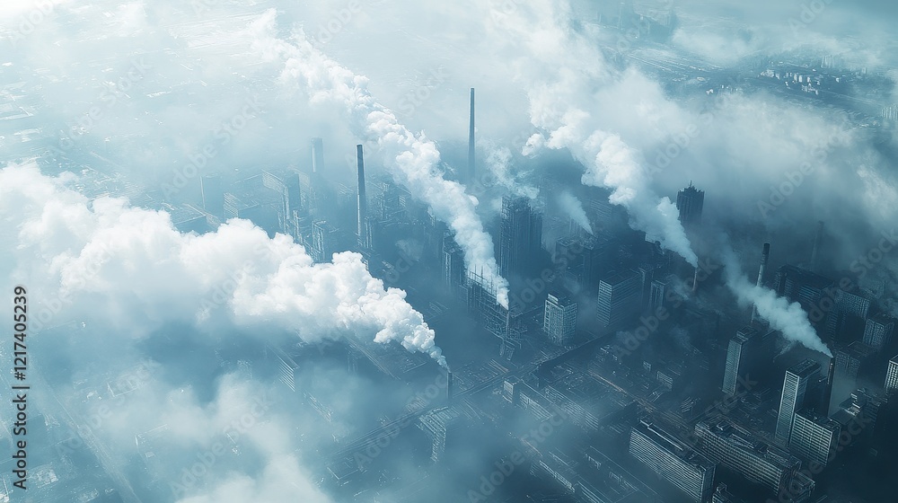 Fototapeta premium Aerial view of an industrial zone releasing thick smog into the atmosphere, wide-angle perspective, environmental issue concept.