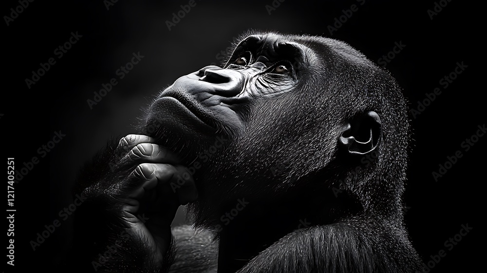 A thoughtful gorilla in profile, pondering in a dramatic black and white setting. A thoughtful gorilla in profile, pondering in a dramatic black and white setting.